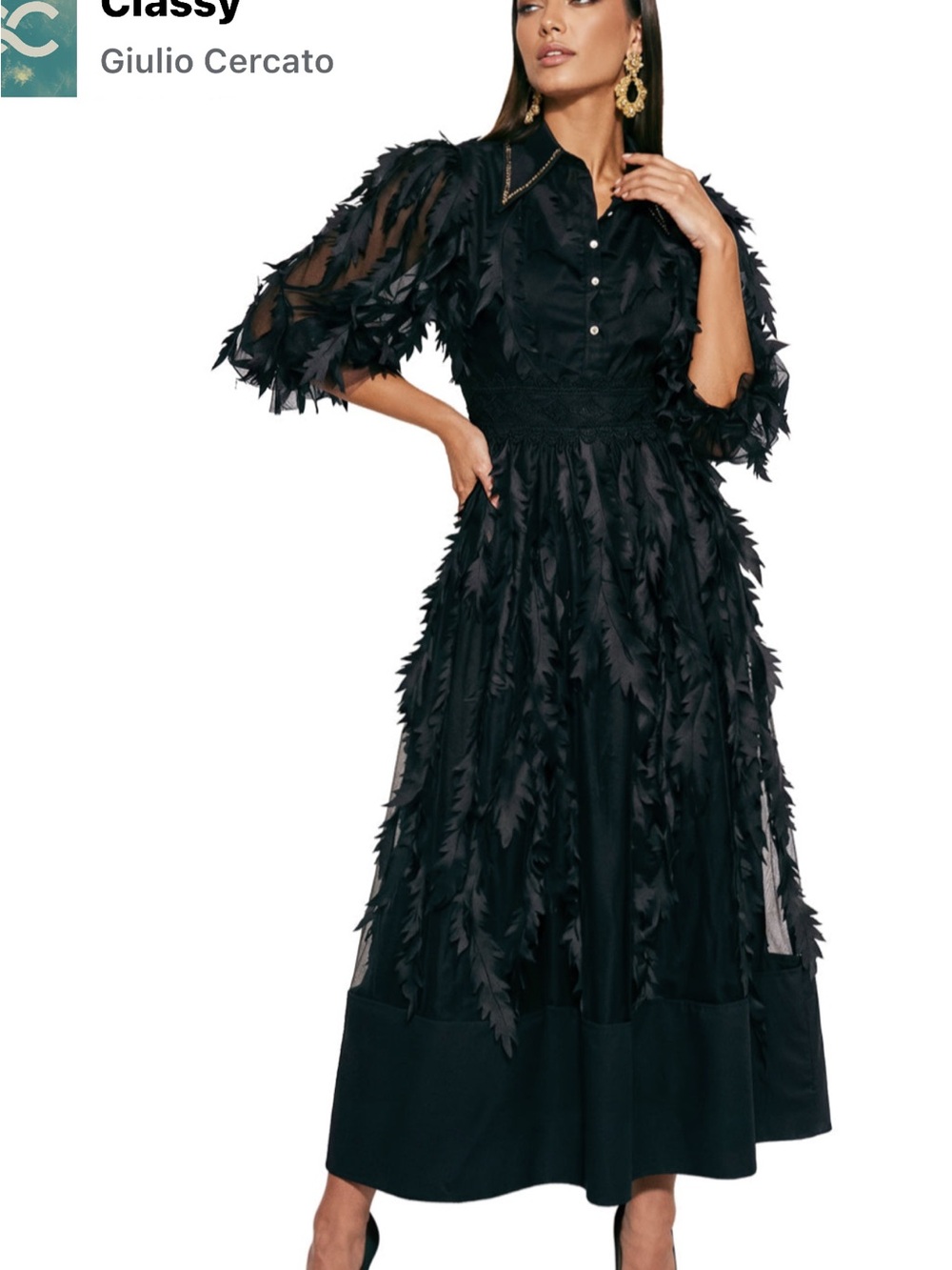 Elegant Black Maxi Dress with Feather-Trim Detail.. Available in L/XL
